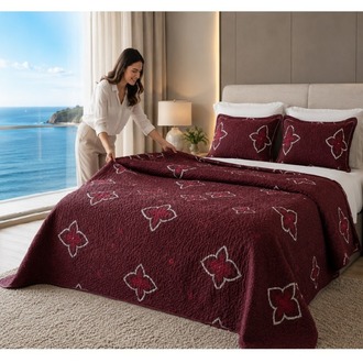 ÇİFT KİŞİLİK NAKIŞLI  SATEN YATAK ÖRTÜSÜ-BORDO