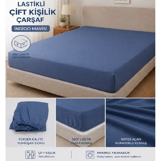 Çift Kişilik Lastikli Çarşaf – İndigo Mavisi
