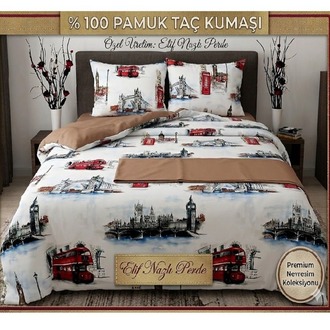 ÇİFT KİŞİLİK NEVRESİM TAKIMI-LONDRA MOTİFLİ-% 100 PAMUK