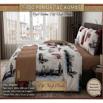 ÇİFT KİŞİLİK NEVRESİM TAKIMI-LONDRA MOTİFLİ-% 100 PAMUK