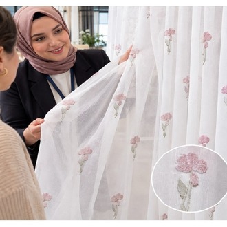 TAÇ COLLECTION KETEN TÜL PERDE - Pembe Çiçek İşlemeli