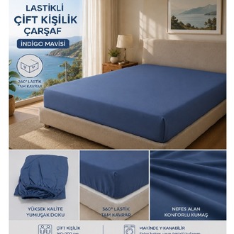 Çift Kişilik Lastikli Çarşaf – İndigo Mavisi