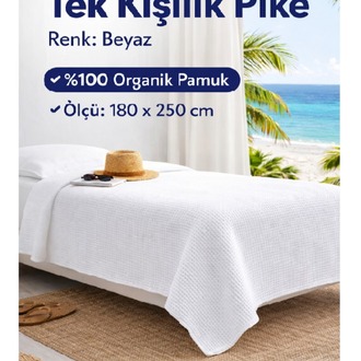 Tek Kişilik Pike -%100 Organik Pamuk-Dört Mevsim Kullanım için - Beyaz
