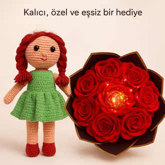 1 adet el örgüsü bebek , saten ışıklı buket