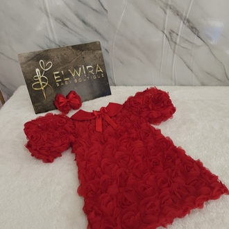 kırmızı güllü bebe yaka elbise 