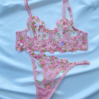 Pembe Çiçekli Sütyen Takım