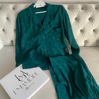 Yeşil Kalpli Uzun Kollu Pijama Takımı