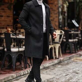 Kod : 2505 , Siyah Erkek Modern Fit Kaşe Kaban