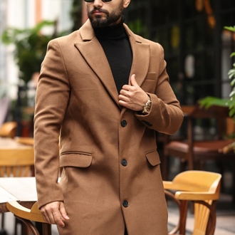 Kod: 2502 | Taba Erkek Modern Fit Kaşe Kaban – Diz Altına Uzanan En Uzun Model 