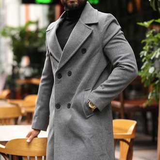 Kod : 2507 , Gri Erkek Modern Fit Kaşe Kaban 
