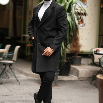 Model kodu: 2503 , Siyah Erkek Modern Fit Kaşe Kaban 