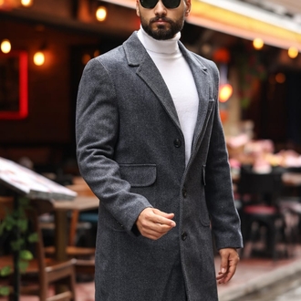 Kod : 2506 , Antrasit Renk Balık Sırtı Desenli  Erkek  Modern Fit Kaşe Kaban