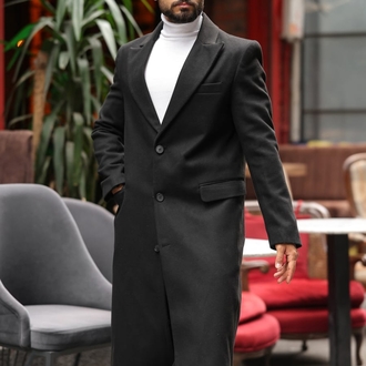 Kod: 2502 | Siyah Erkek Modern Fit Kaşe Kaban – Diz Altına Uzanan En Uzun Model 