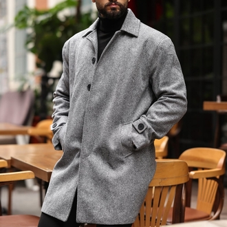 Kod : 2501 , Balık Sırtı desenli Gri Erkek Modern Fit Kaşe Kaban 