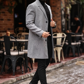 Kod : 2506 , Gri Renk Balık Sırtı Desenli  Erkek  Modern Fit Kaşe Kaban