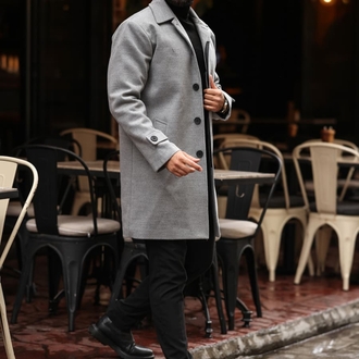 Kod : 2501 , Gri Erkek Modern Fit Kaşe Kaban 