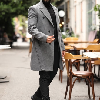 Kod : 2507 , Gri Erkek Modern Fit Kaşe Kaban 
