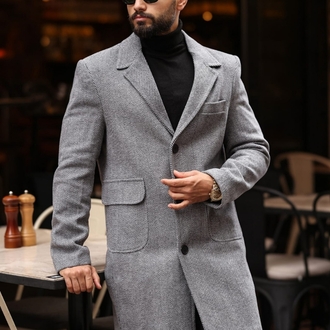 Kod : 2506 , Gri Renk Balık Sırtı Desenli  Erkek  Modern Fit Kaşe Kaban