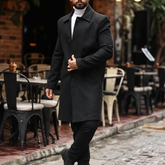 Kod : 2505 , Siyah Erkek Modern Fit Kaşe Kaban