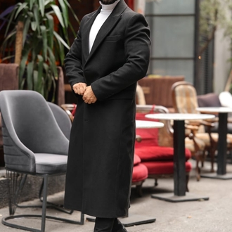 Kod: 2502 | Siyah Erkek Modern Fit Kaşe Kaban – Diz Altına Uzanan En Uzun Model 