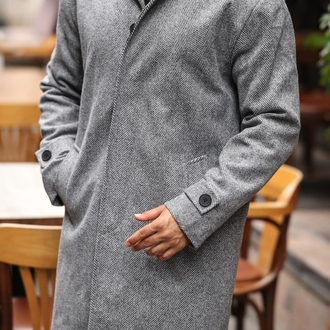 Kod : 2501 , Balık Sırtı desenli Gri Erkek Modern Fit Kaşe Kaban 