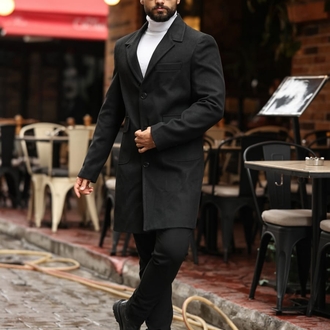 Kod : 2506 , Siyah Erkek  Modern Fit Kaşe Kaban