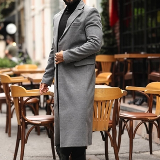 Kod: 2502 | Gri Erkek Modern Fit Kaşe Kaban – Diz Altına Uzanan En Uzun Model 