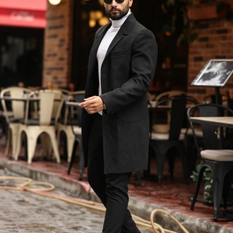 Kod : 2506 , Siyah Erkek  Modern Fit Kaşe Kaban