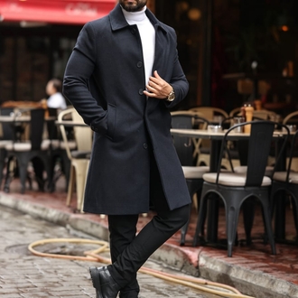 Kod : 2505 , Lacivert Erkek Modern Fit Kaşe Kaban