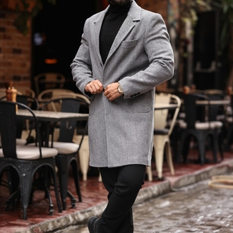 Kod : 2506 , Gri Renk Balık Sırtı Desenli  Erkek  Modern Fit Kaşe Kaban