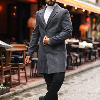 Kod : 2506 , Antrasit Renk Balık Sırtı Desenli  Erkek  Modern Fit Kaşe Kaban