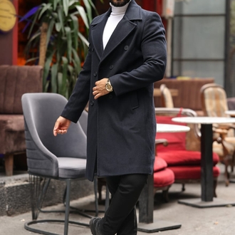 Kod : 2507 , Lacivert Erkek Modern Fit Kaşe Kaban 