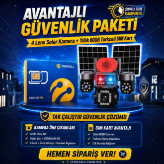 O-Kam 331 4 Kameralı Solar Güvenlik Kamerası + Aylık 5GB İnternetli Turkcell Sim Kart