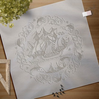 Perforated Stencil 30 cm. - Classic Galleon and Fish Tile Plate Pattern