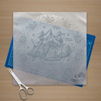 Perforated Stencil 30 cm. -  Sultan of the Seas Galleon and Fish Wavy Edge Tile Pattern