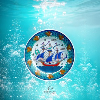 Perforated Stencil 30 cm. -  Sultan of the Seas Galleon and Fish Wavy Edge Tile Pattern