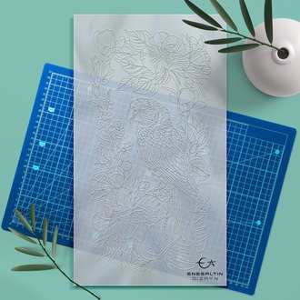 Perforated Stencil 20x40 cm. - Parrot and Tropical Flower Exotic Motif Tile Pattern