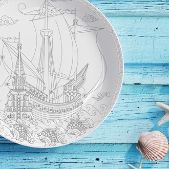 Perforated Stencil 30 cm. - Tile Plate Pattern with Galleon and Fish Motif