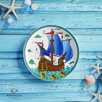 Perforated Stencil 30 cm. - Tile Plate Pattern with Galleon and Fish Motif