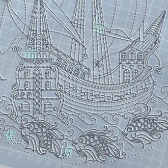 Perforated Stencil 25 cm. - Tile Plate Pattern with Galleon and Fish Motif