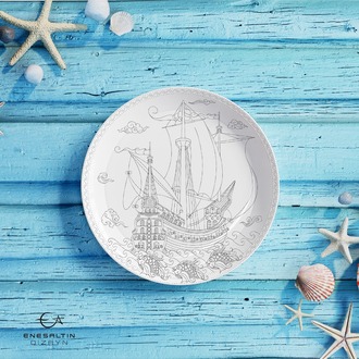 Perforated Stencil 30 cm. - Tile Plate Pattern with Galleon and Fish Motif