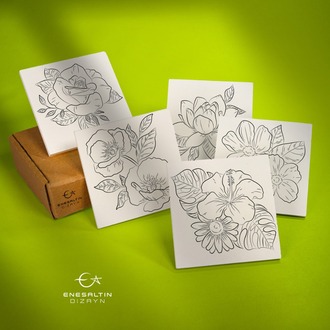 Tahrirli Ürün - Çiçekler Serisi (ÇS-01) 10 x 10 cm Tahrirli 5'li Karo Seti