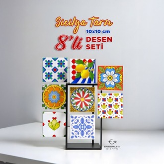 8'li Şablon Desen Seti - Sicilya Tarzı Motifli 10 x 10 cm. Çini Karo Deseni