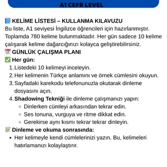 A1 SEVİYE ( Başlangıç )İNGİLİZCE KELİME LİSTESİ + QR KODLU DİNLEME