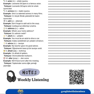 A1 SEVİYE ( Başlangıç )İNGİLİZCE KELİME LİSTESİ + QR KODLU DİNLEME