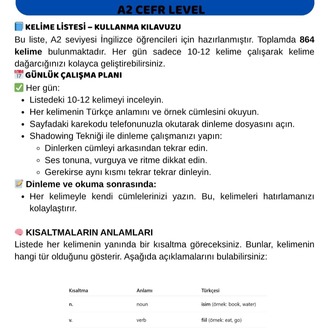 A2 SEVİYE ( Başlangıç )İNGİLİZCE KELİME LİSTESİ + QR KODLU DİNLEME