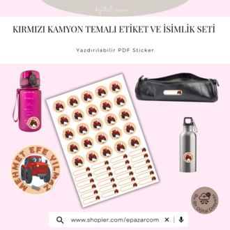 Anaokulu ve İlkokul için Kırmızı Kamyon Temalı Etiket Seti 