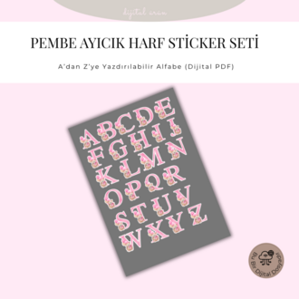 Pembe Ayıcık Harf Sticker Seti – A’dan Z’ye Yazdırılabilir Alfabe (Dijital PDF)