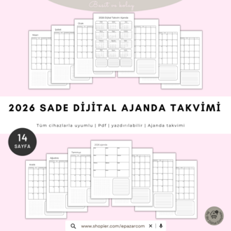 2026 Sade Dijital Ajanda Takvimi | Yazdırılabilir PDF | Minimal Planlayıcı