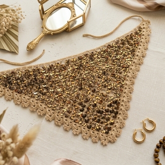 El Yapımı Gold Leopar Pullu Örgü Saç Bandanası - Bohem Tığ İşi Aksesuar